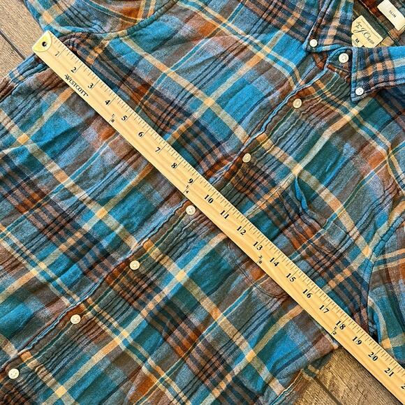 J. Crew Men's Slim Teal Brown Plaid Button Down Shirt Size M - Picture 5 of 6